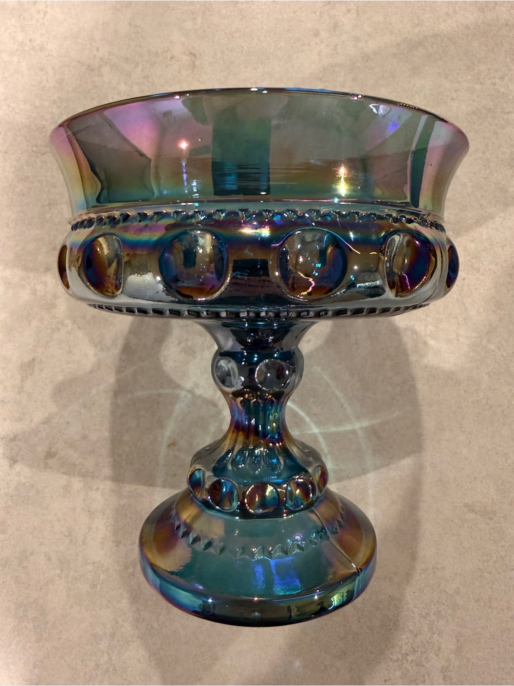 Vintage Iridescent Carnival Glass Pedestal Candy Bowl  Dish - Home Art
